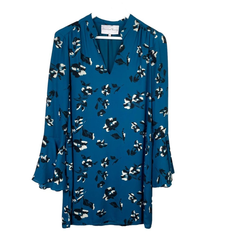 CHARLES HENRY Womens S Blue Floral V Neck Ruffle Sleeve Long Tunic Top/Dress